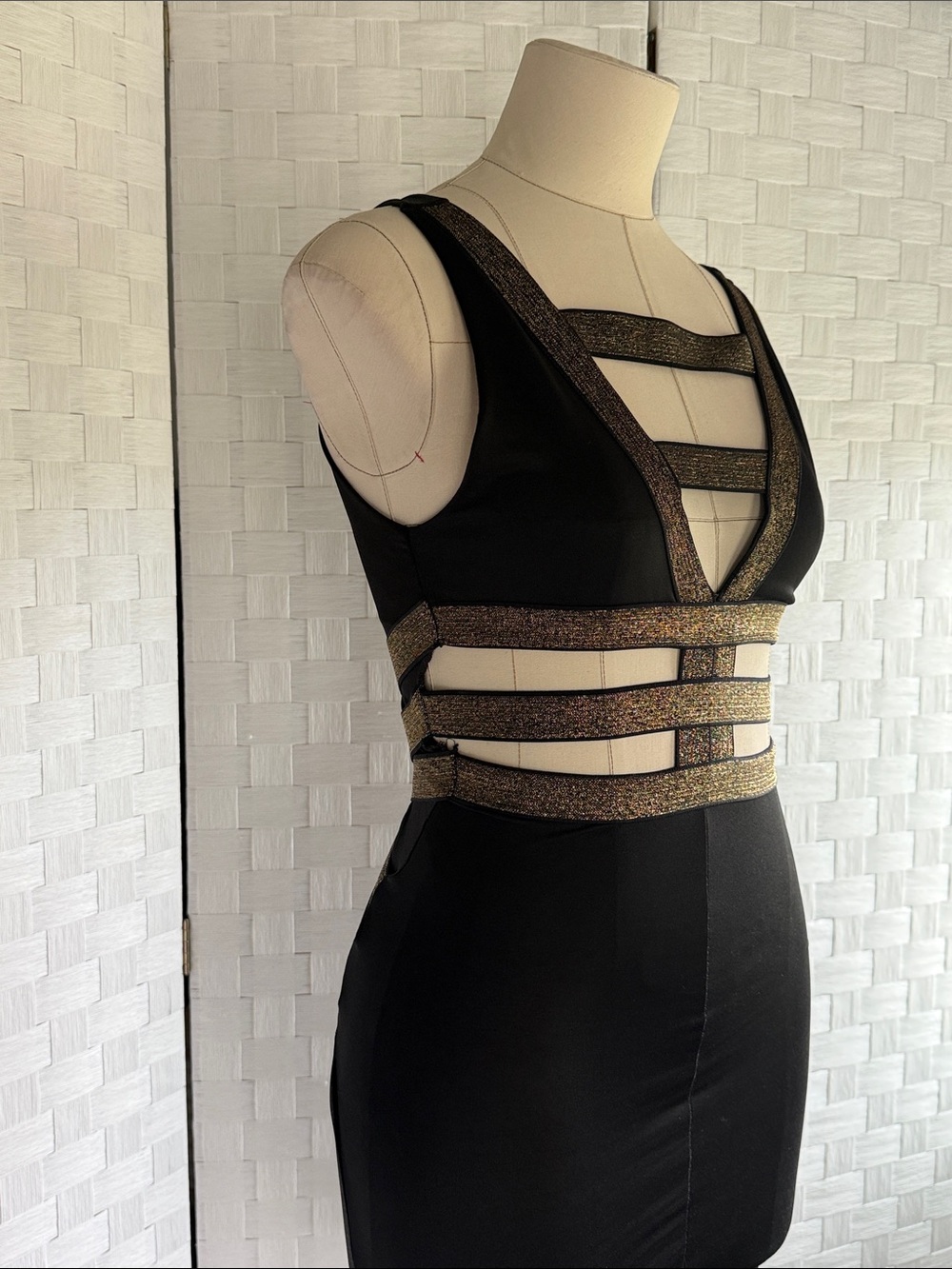 Black Mini Dress with Metallic Gold Strap Details - Women